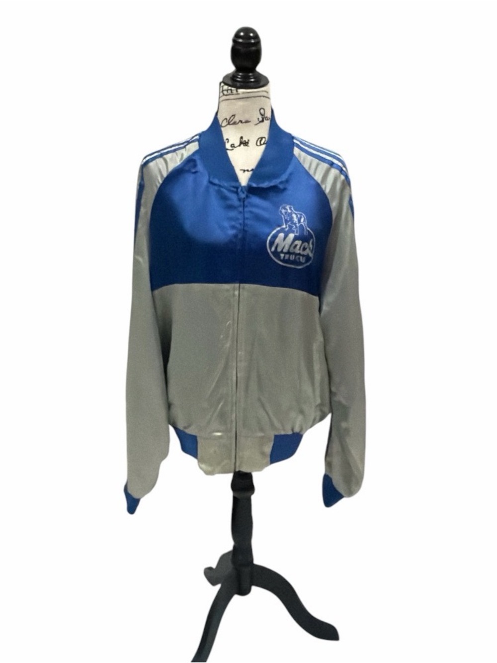 Vintage 80s Chalk Line Mack Trucks Satin Bomber Jacket XL Made USA Blue Silver